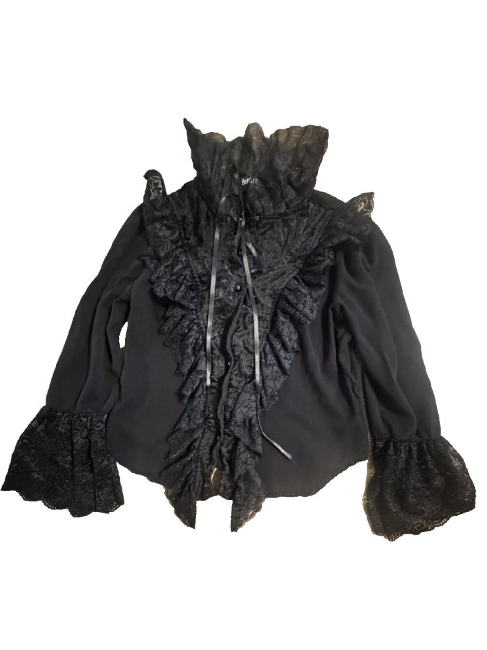 Scarlett Darkness Victorian Lace Ruffled Long Sleeve Button Blouse Black Goth M